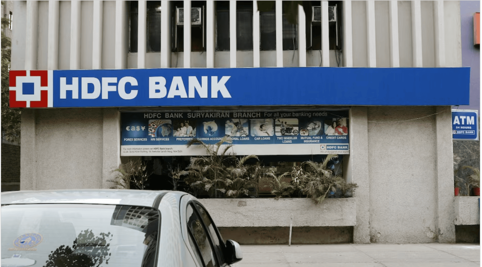 HDFC Bank branch exterior with logo and ATM entrance