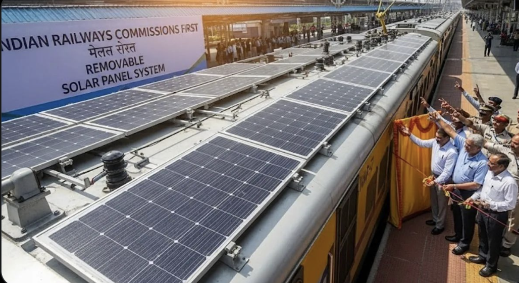 Removable solar panels installed between railway tracks in India