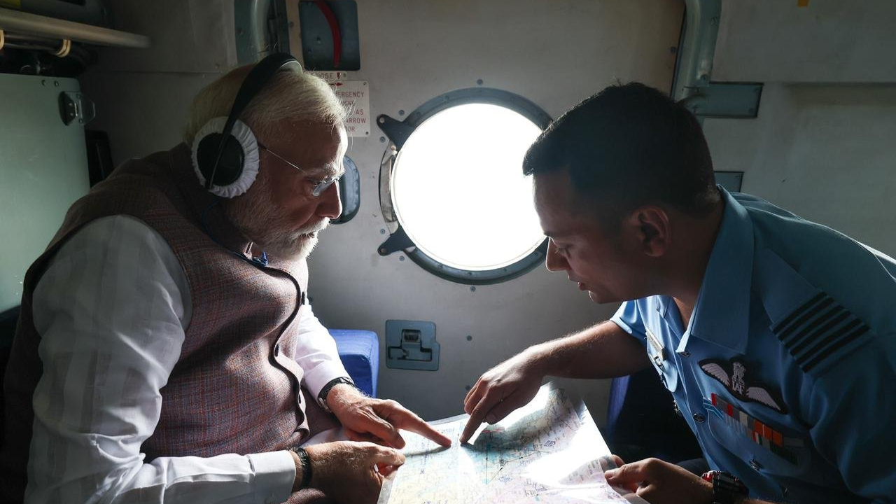 Prime Minister Narendra Modi conducting an aerial survey of flood-hit areas in Himachal Pradesh on September 9, 2025.