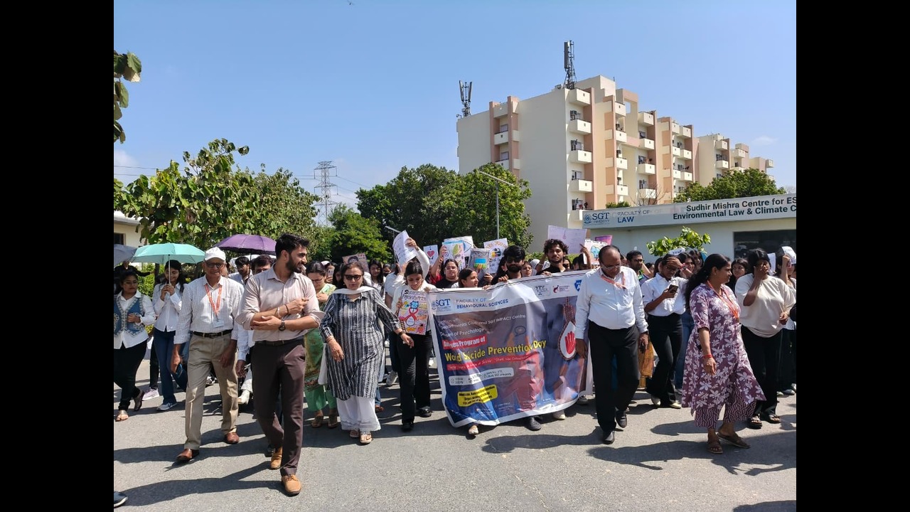Students of SGT University participating in World Suicide Prevention Day awareness rally and activities.