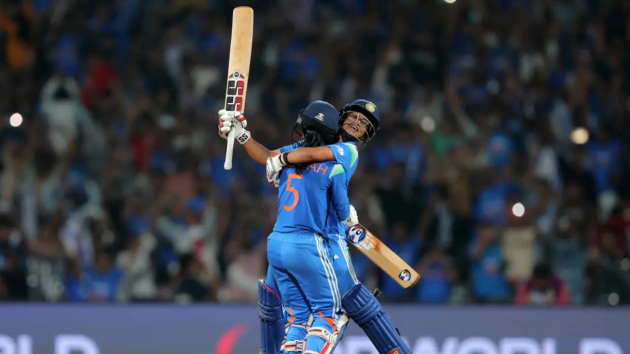 Jemimah Rodrigues and Harmanpreet Kaur celebrate India’s victory over Australia in the Women’s World Cup semi-final.