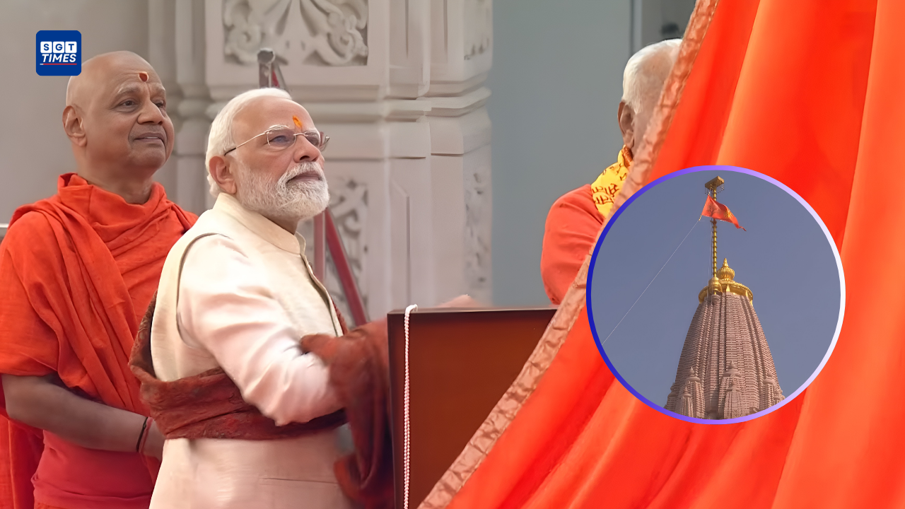 Prime Minister Narendra Modi hoisting the saffron Dharma Dhwaj at Ayodhya Ram Temple.