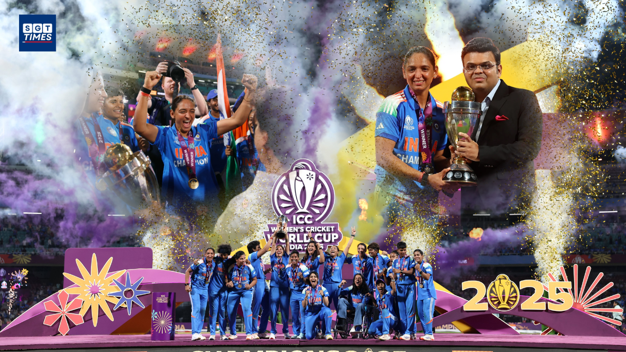 Indian women’s cricket team celebrates after winning their first ICC Women’s Cricket World Cup trophy at DY Patil Stadium.