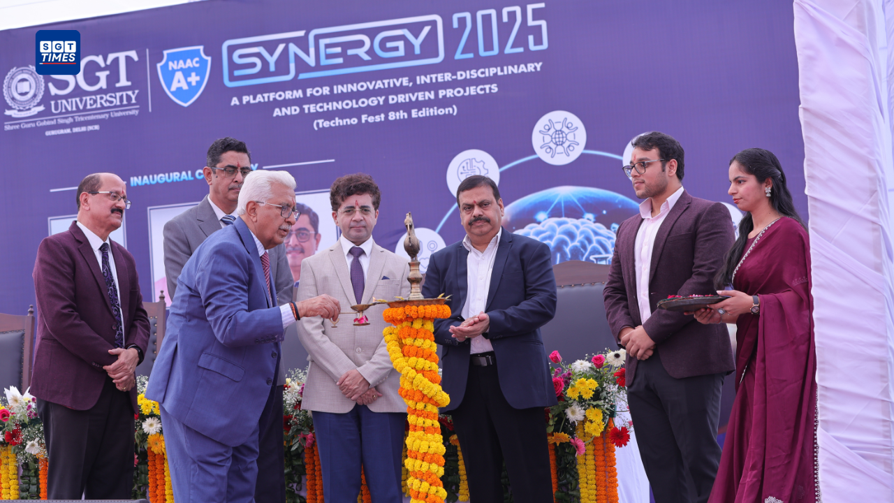 Students and experts interacting at Synergy-2025 innovation festival at SGT University.
