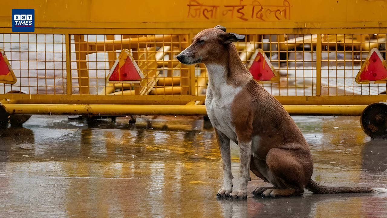 Stray dogs outside a public building in India.