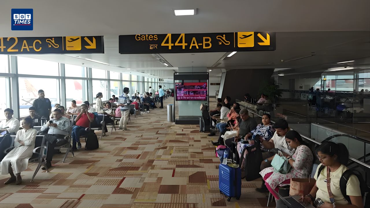 Passengers waiting at Delhi Airport after ATC system glitch caused flight delays.