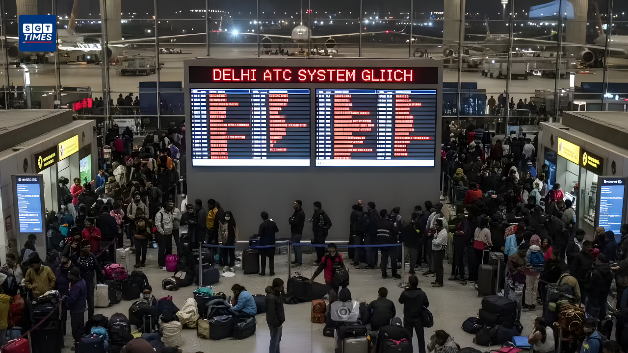 Passengers waiting at Delhi Airport during flight delays.