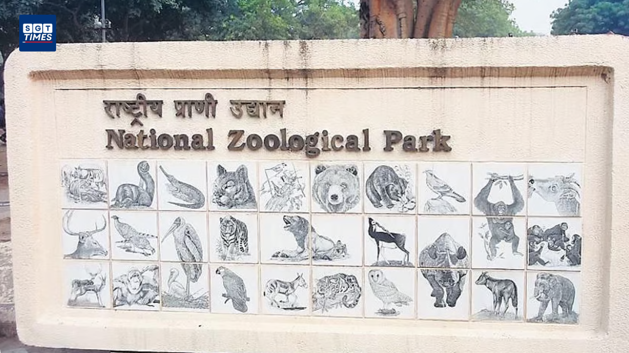 Entrance of Delhi Zoo with visitors walking inside.