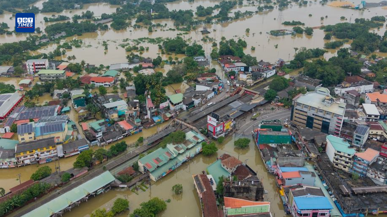 Flooded Sri Lankan town affected by Cyclone Ditwah and heavy rainfall.