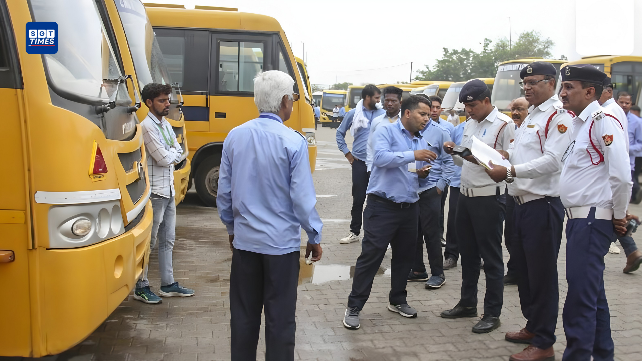 Traffic police checking school buses in Gurgaon during safety drive