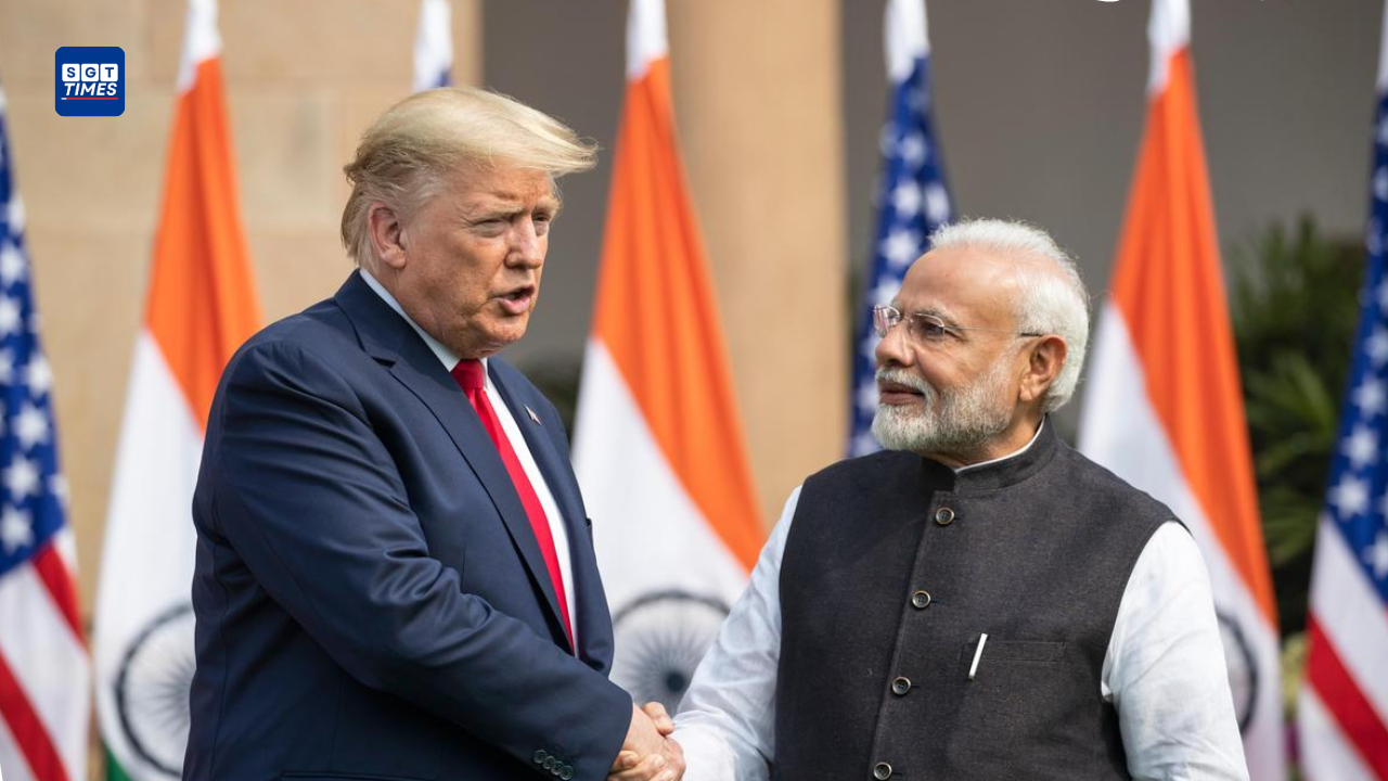 U.S. President Donald Trump and Indian Prime Minister Narendra Modi during bilateral talks symbolising the India–U.S. interim trade agreement framework.