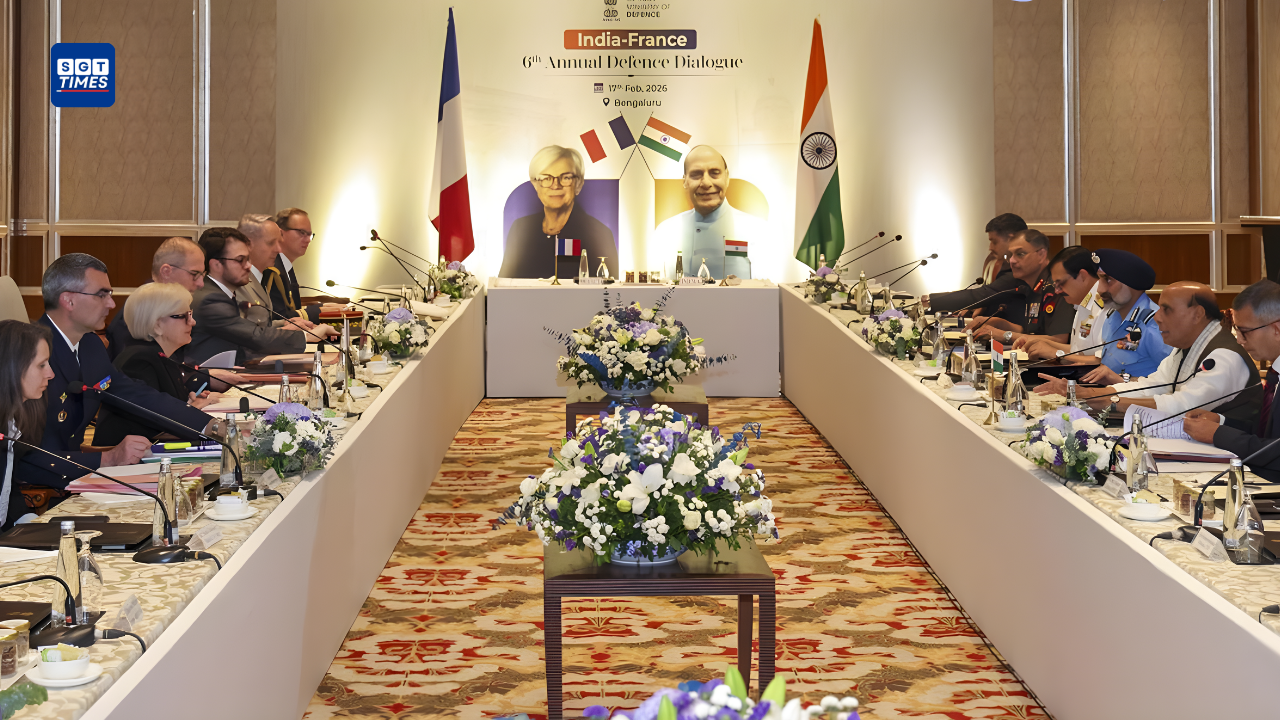Rajnath Singh and Catherine Vautrin during the 6th India-France Annual Defence Dialogue in Bengaluru discussing defence cooperation and strategic partnership.