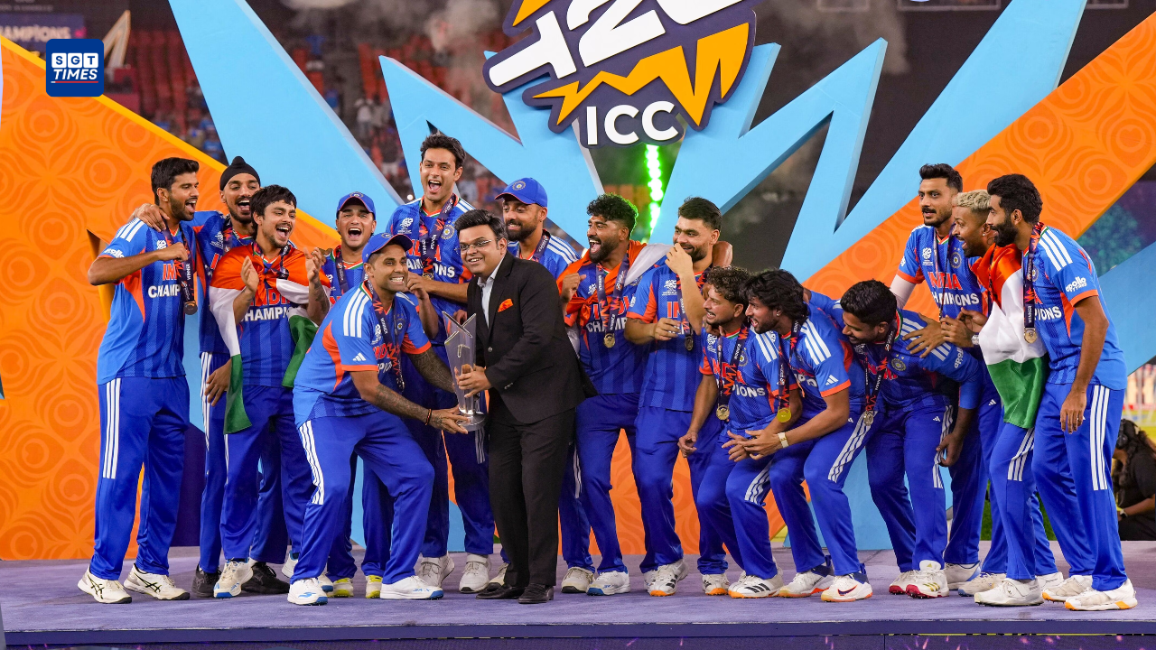 India Clinch Historic Third T20 World Cup Title Indian cricket team celebrating victory after defeating New Zealand in the T20 World Cup 2026 final at Narendra Modi Stadium.