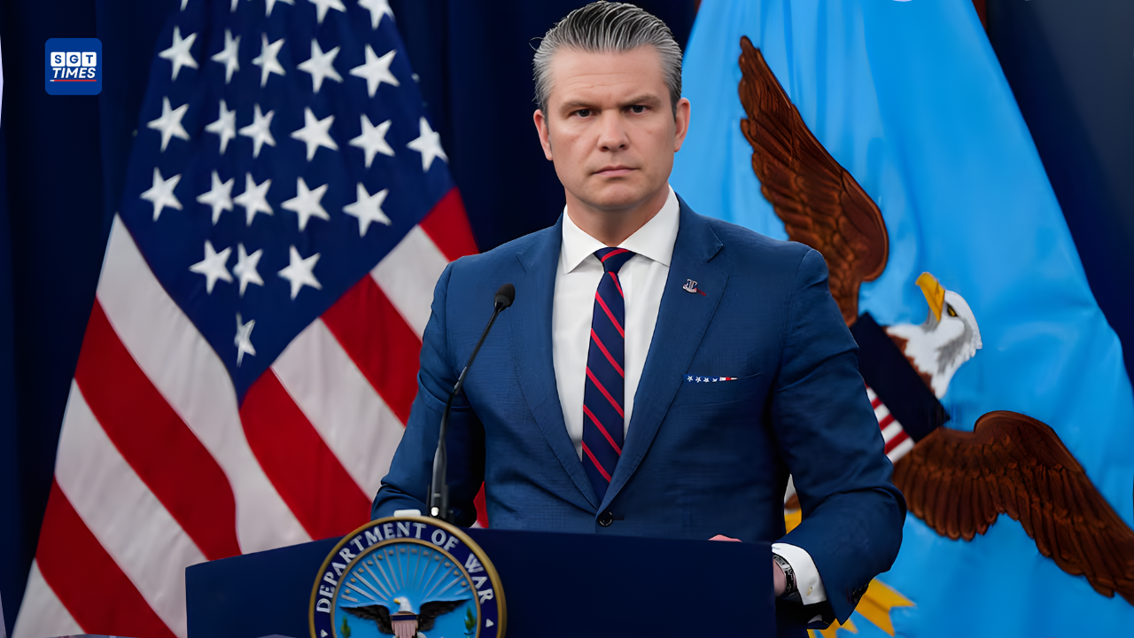 US Secretary of War Pete Hegseth addressing media about the conflict with Iran.