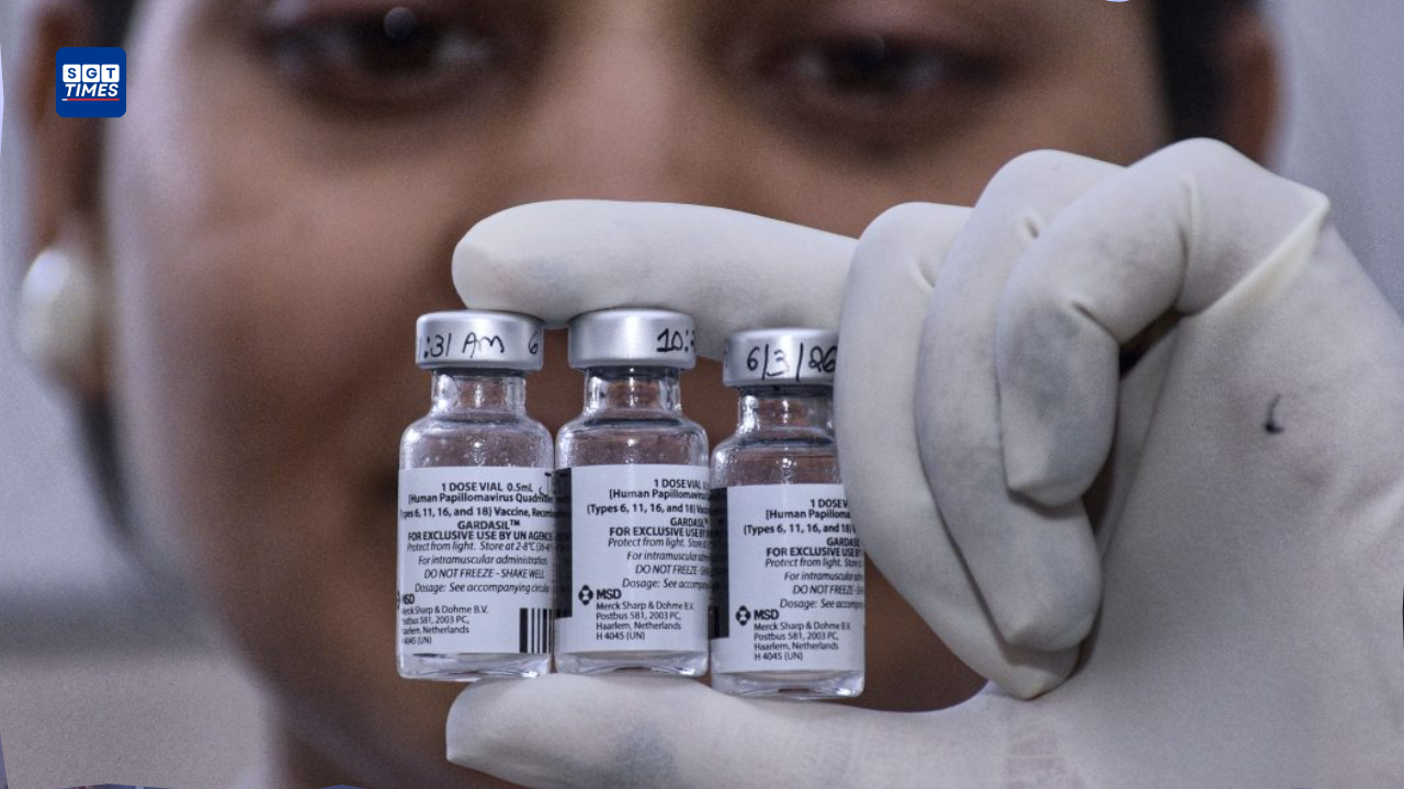 HPV vaccine vial and syringe representing cervical cancer prevention vaccination programme in India.