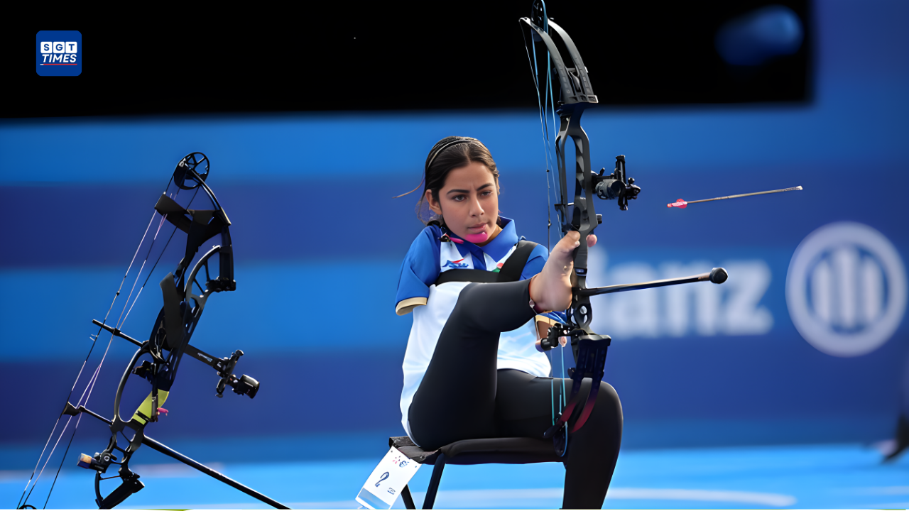Sheetal Devi aiming with bow using feet during para archery competition