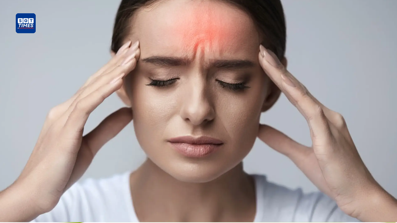 Person holding head in pain during heatwave with polluted city background