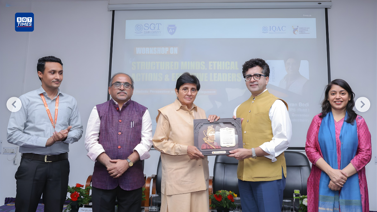 Dr Kiran Bedi addressing students at SGT University leadership program event