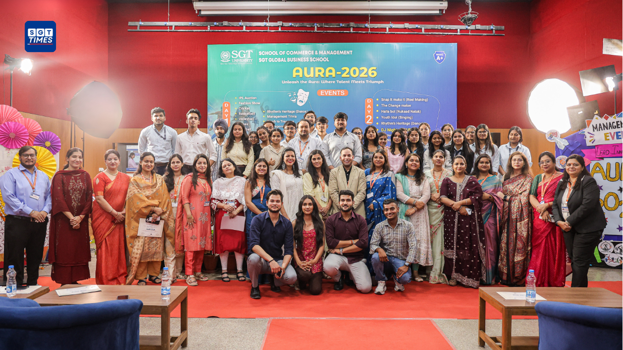 Students participating in competitions during AURA 2026 at SGT University in Gurugram.