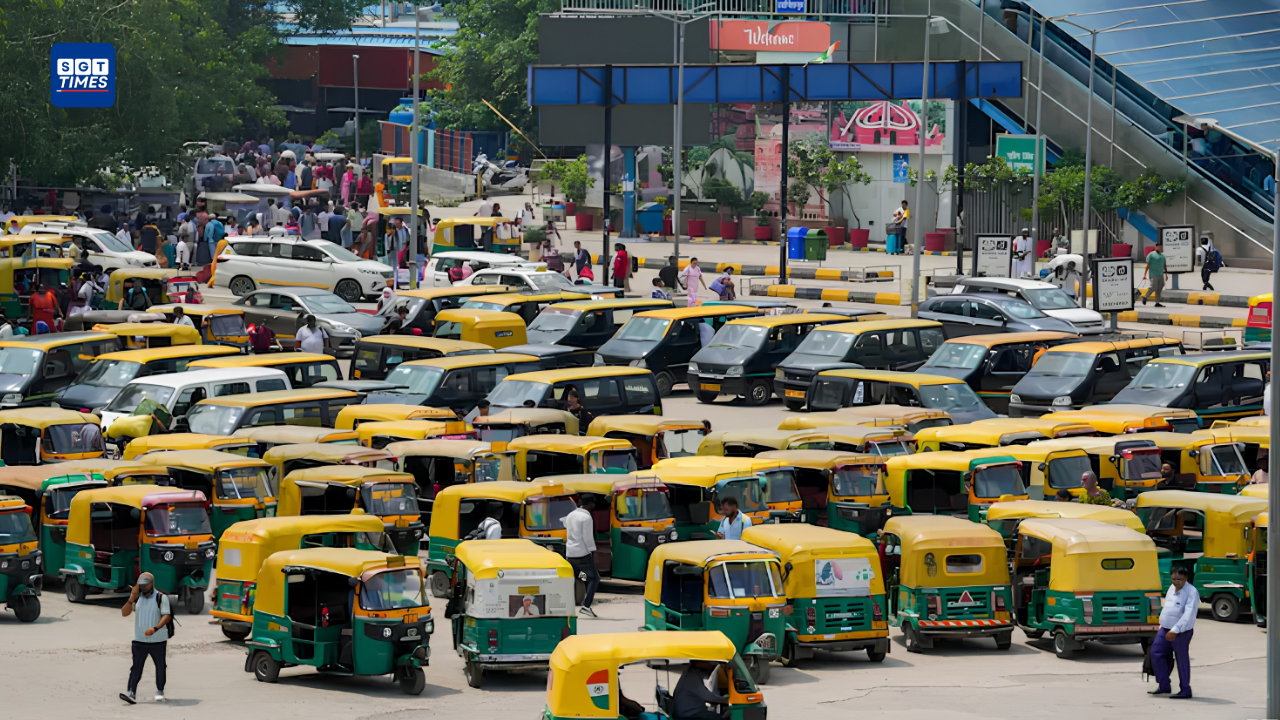 Delhi-NCR Cab And Auto Strike Begins Over Fare Hike Demand Auto-rickshaws and taxis parked during Delhi-NCR transport strike protest.