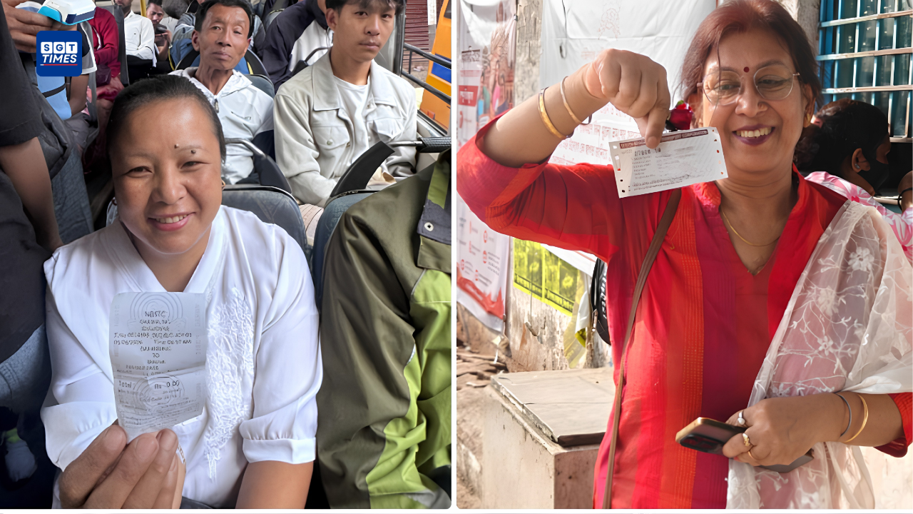 Women passengers boarding a state-run bus in West Bengal under the newly launched free travel scheme.