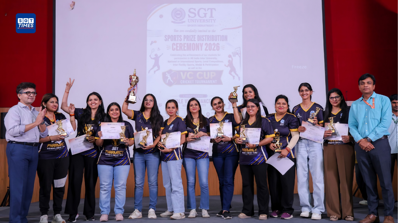 Students and faculty members participating in the Inter Faculty & VC Cup Cricket Tournament 2026 at SGT University.