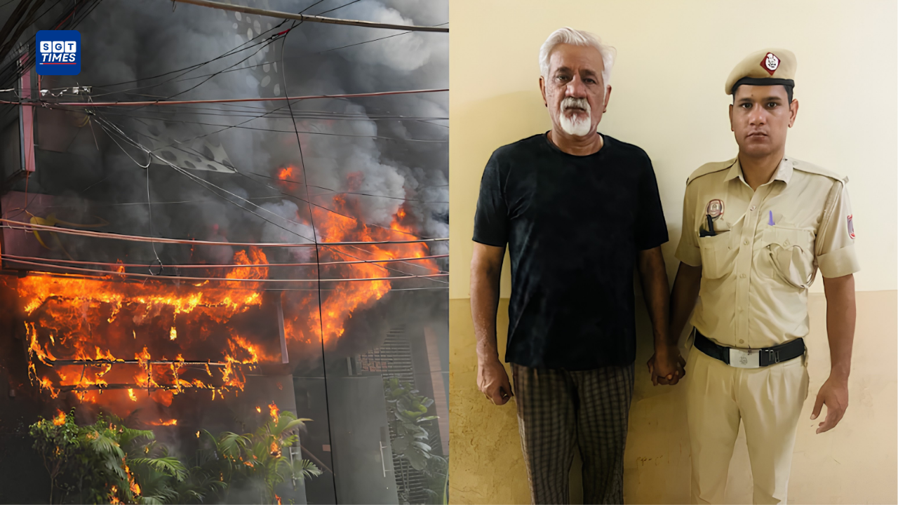 Firefighters rescue people from a burning hotel building in Delhi’s Malviya Nagar area.