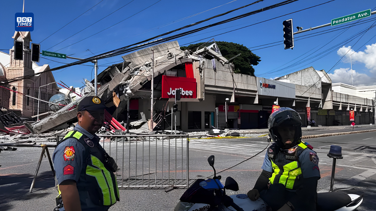 Collapsed buildings and emergency response teams after a powerful earthquake struck Mindanao in the Philippines.