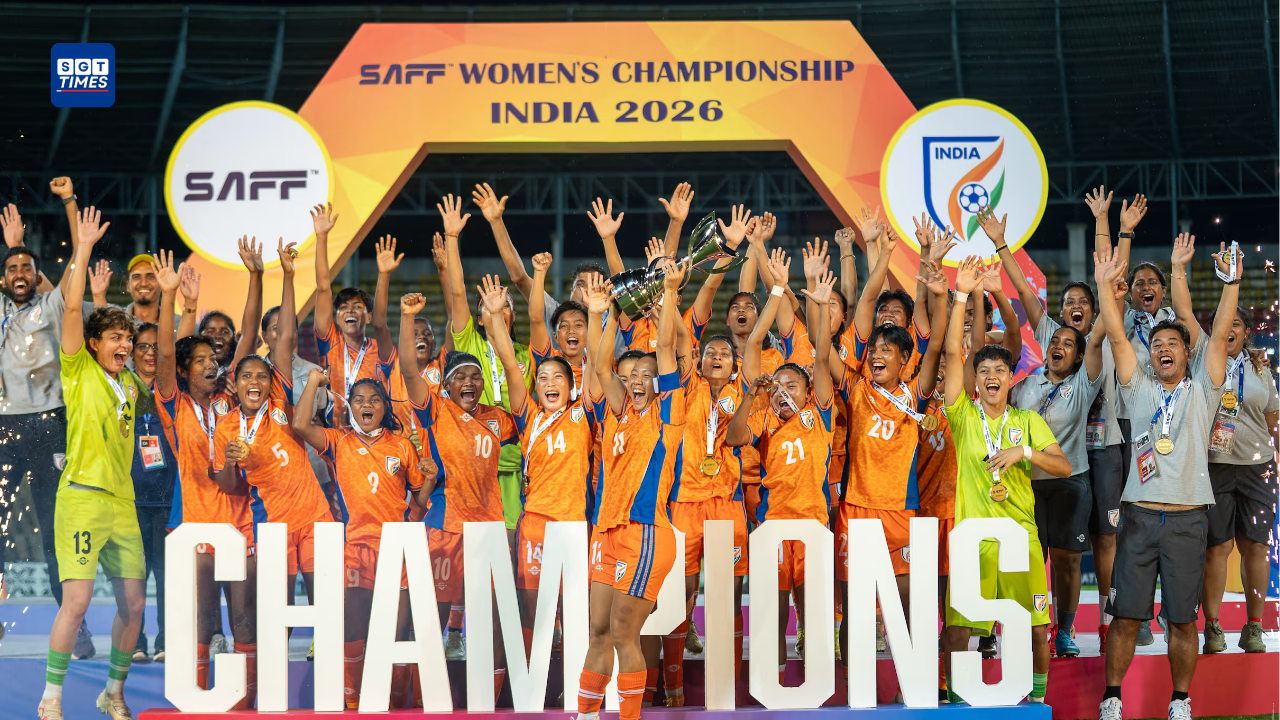 Indian women’s football team celebrating after winning the SAFF Women’s Championship 2026 trophy in Goa.