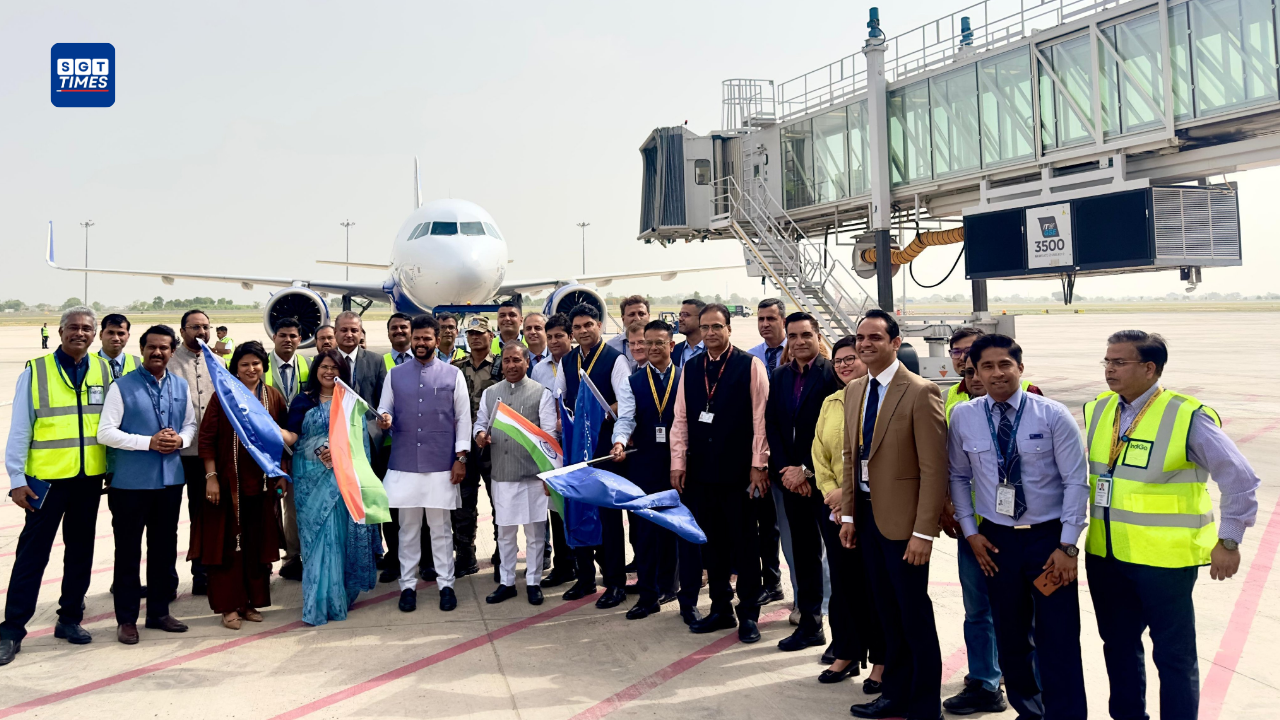 Passengers at Noida International Airport during the launch of commercial flight operations in Jewar, Uttar Pradesh.