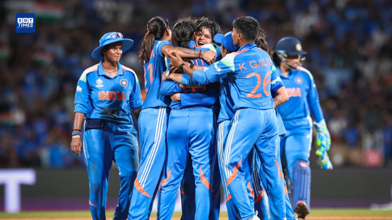 Indian women's cricket team celebrates after defeating Pakistan by 64 runs in the Women's T20 World Cup match at Edgbaston, Birmingham.