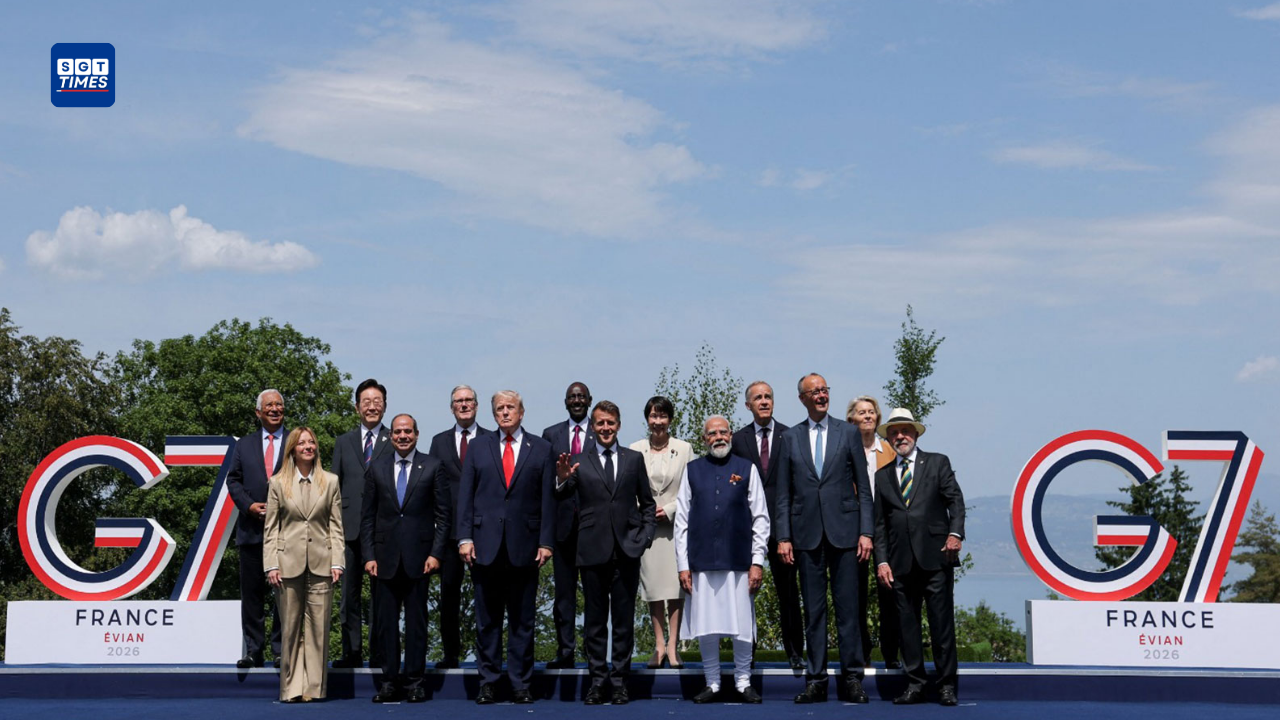 Prime Minister Narendra Modi posing with global leaders during the G7 Summit 2026 group photograph in Évian-les-Bains, France.