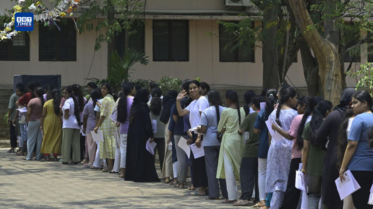 Students arriving at an examination centre during preparations for the NEET-UG 2026 re-examination.