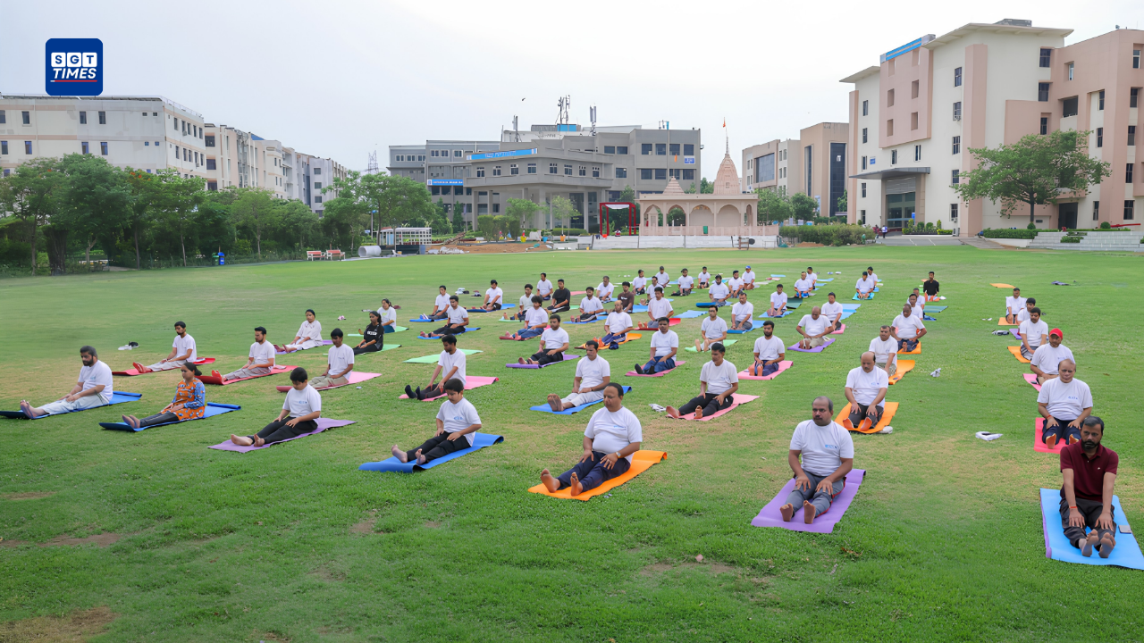 Participants performing yoga during International Day of Yoga celebrations at SGT University under the theme Yoga for Healthy Ageing.