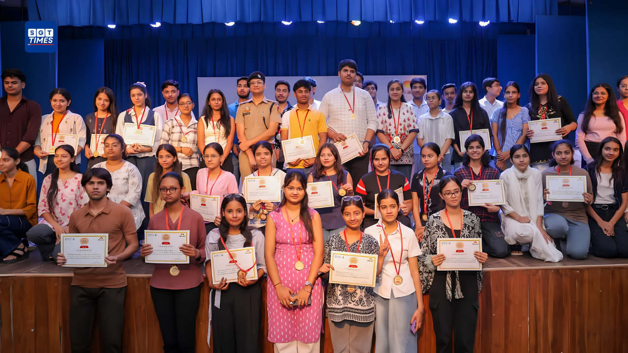 Chief Guest Dr. Hemant Tiwari and SGT University representatives felicitate meritorious Class 12 students during the Felicitation Ceremony 2026 in Lajpat Nagar, Delhi.