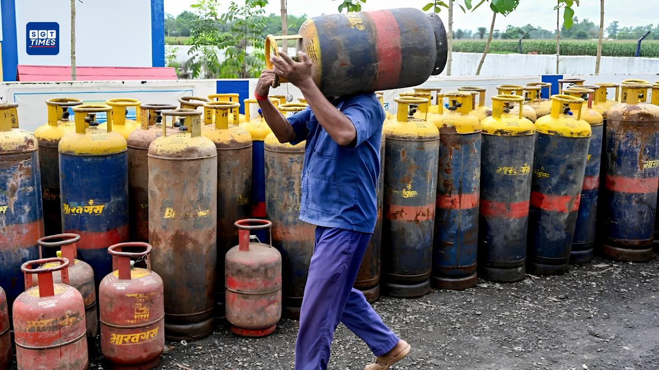Commercial LPG cylinders stacked at a gas distribution centre after the latest price reduction announced from July 1, 2026.