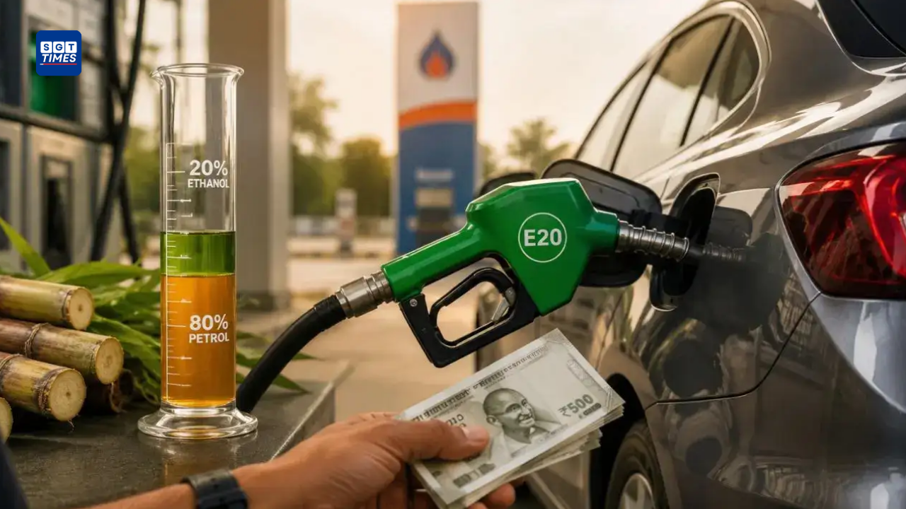A fuel station dispensing E20 petrol as the Indian government explains its pricing and long-term benefits.