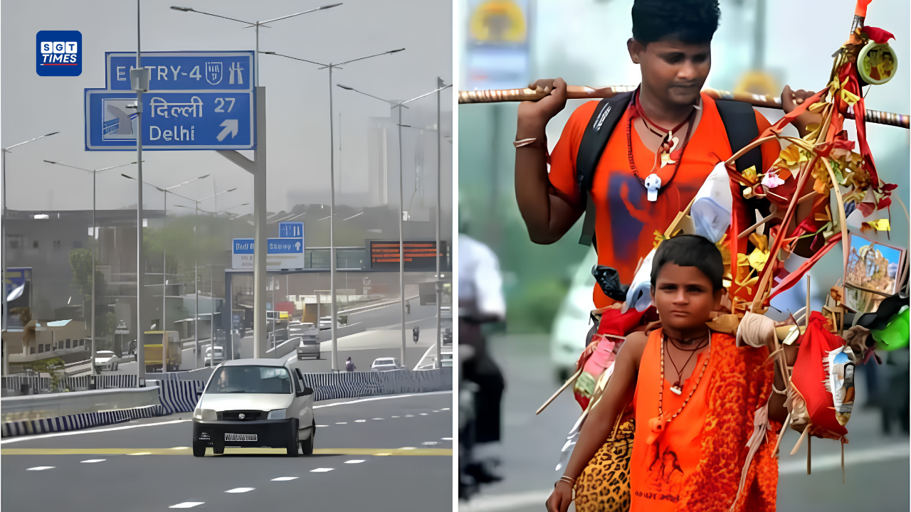 Traffic moving slowly on the Delhi-Noida Expressway during peak hours.