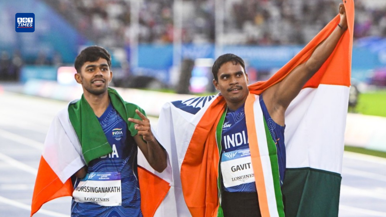 Dilip Mahadu Gavit and Mohammed Basil celebrate India’s historic one-two finish in the men’s 100m T47 at Commonwealth Games 2026.