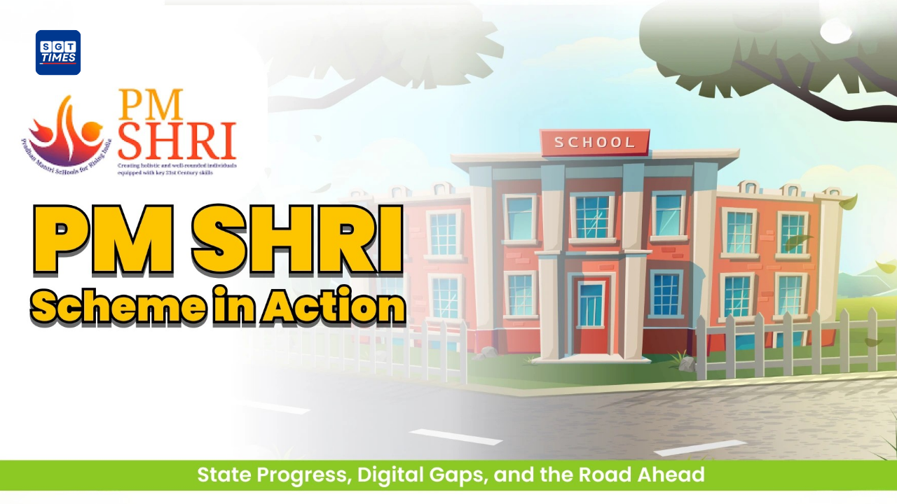 Students and teachers in a modern PM SHRI school with smart classrooms, digital facilities and activity-based learning spaces.