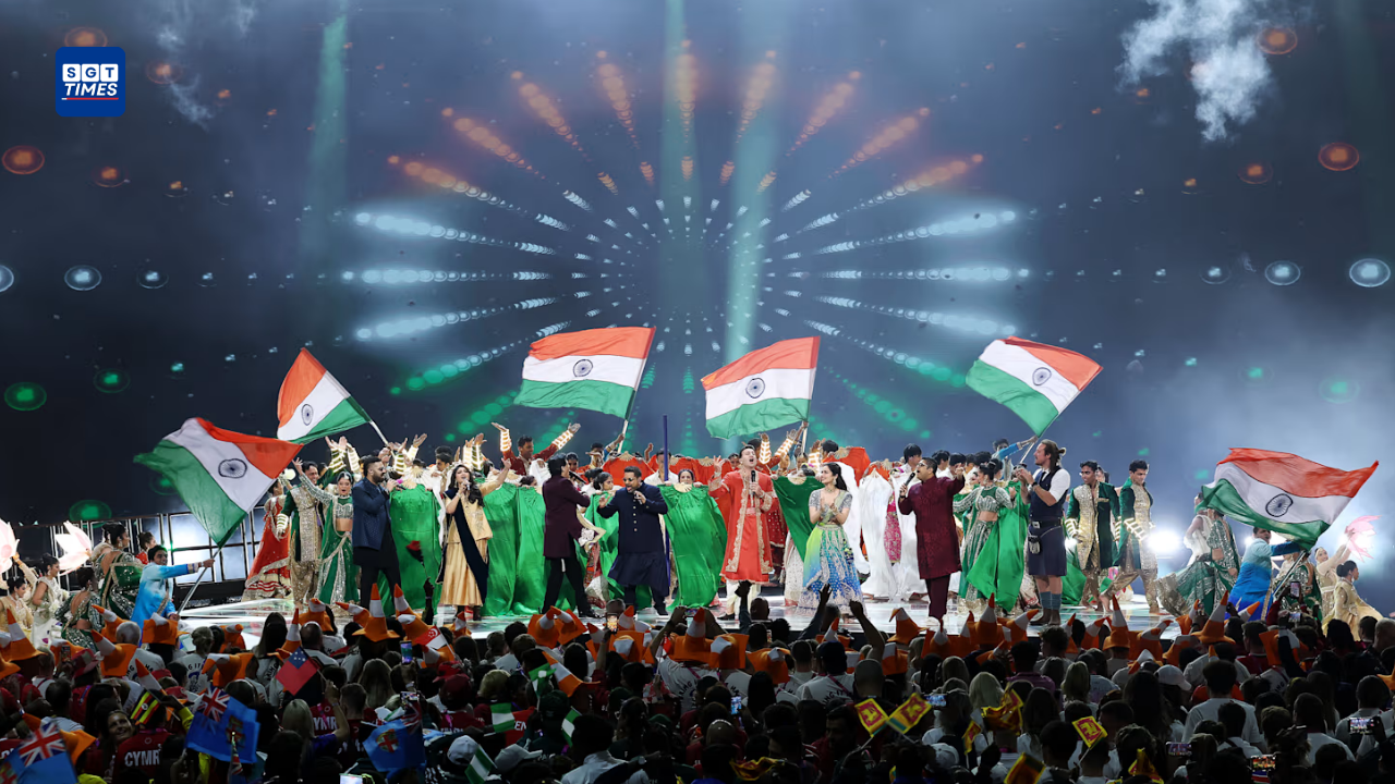 India receives the Commonwealth Games flag and ceremonial baton during the Glasgow 2026 closing ceremony ahead of Ahmedabad 2030.