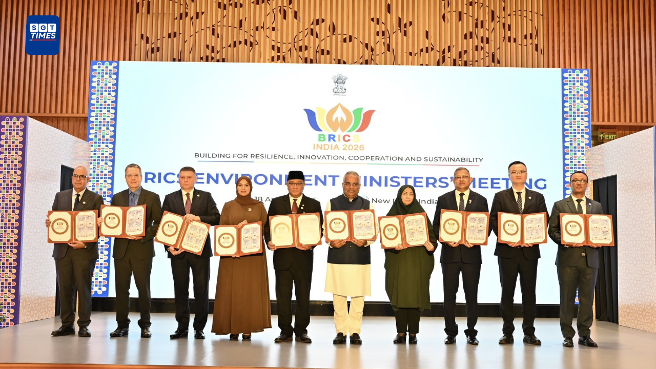 Bhupender Yadav addresses the 12th BRICS Environment Ministers’ Meeting in New Delhi.