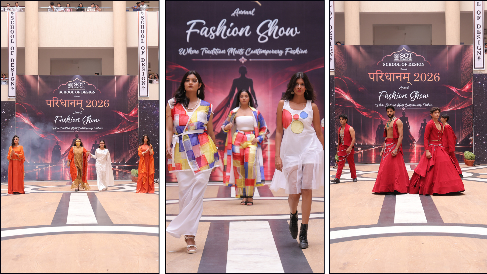 Student designers and models showcasing fashion collections during Paridhanam 2026 at SGT University.