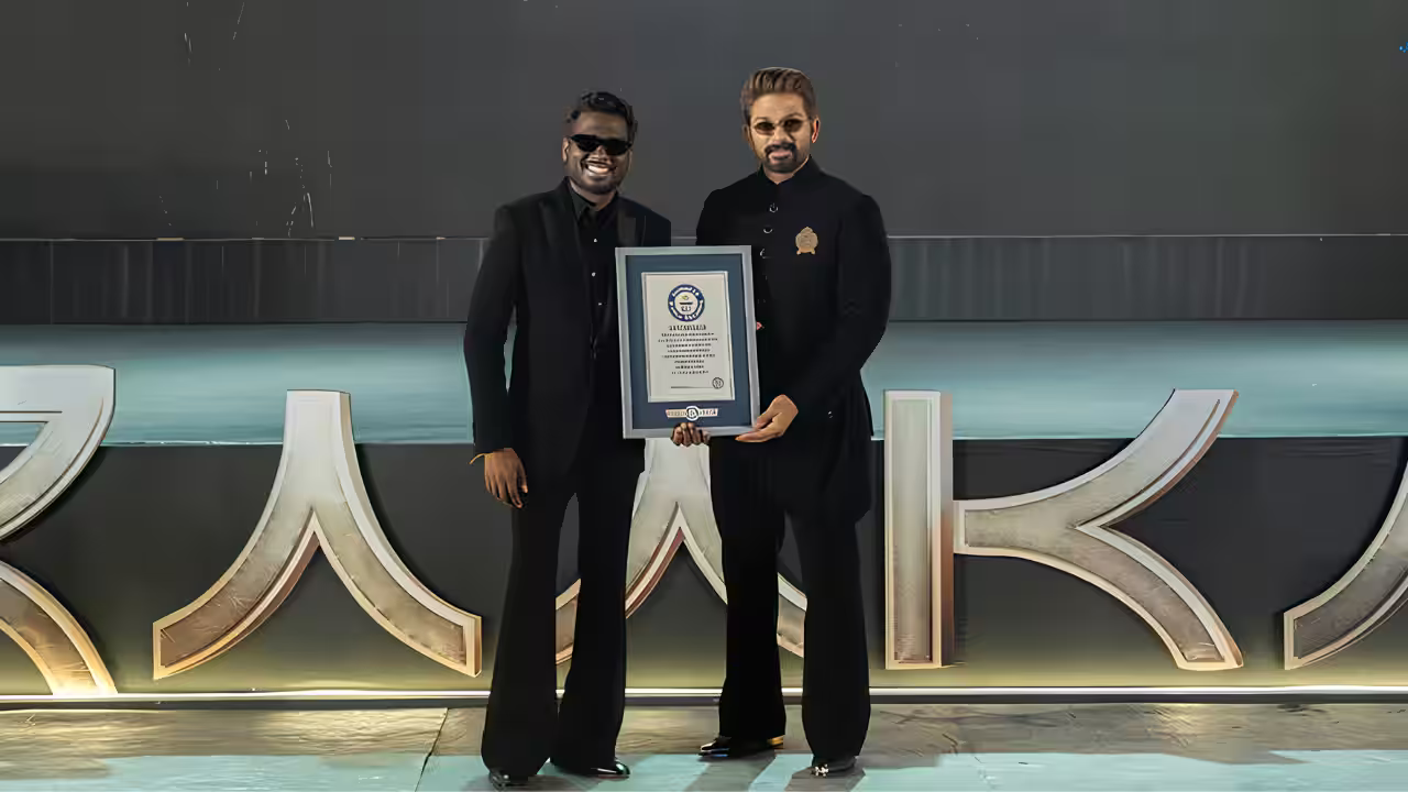 Raaka Sets Guinness World Record: Allu Arjun–Atlee Film Captures 37 Performers in Real-Time Allu Arjun and director Atlee holding the Guinness World Records certificate for “Most People Motion-Captured in Real-Time” during a special ceremony in Mumbai for the film Raaka.