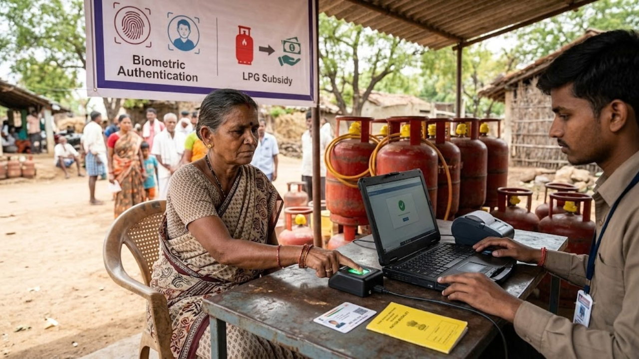 Biometric Aadhaar Authentication Mandatory for Subsidised LPG Refills from 1 October 2026 A domestic LPG cylinder being delivered at a household doorstep while a delivery agent uses a smartphone app for on-spot Aadhaar biometric authentication.