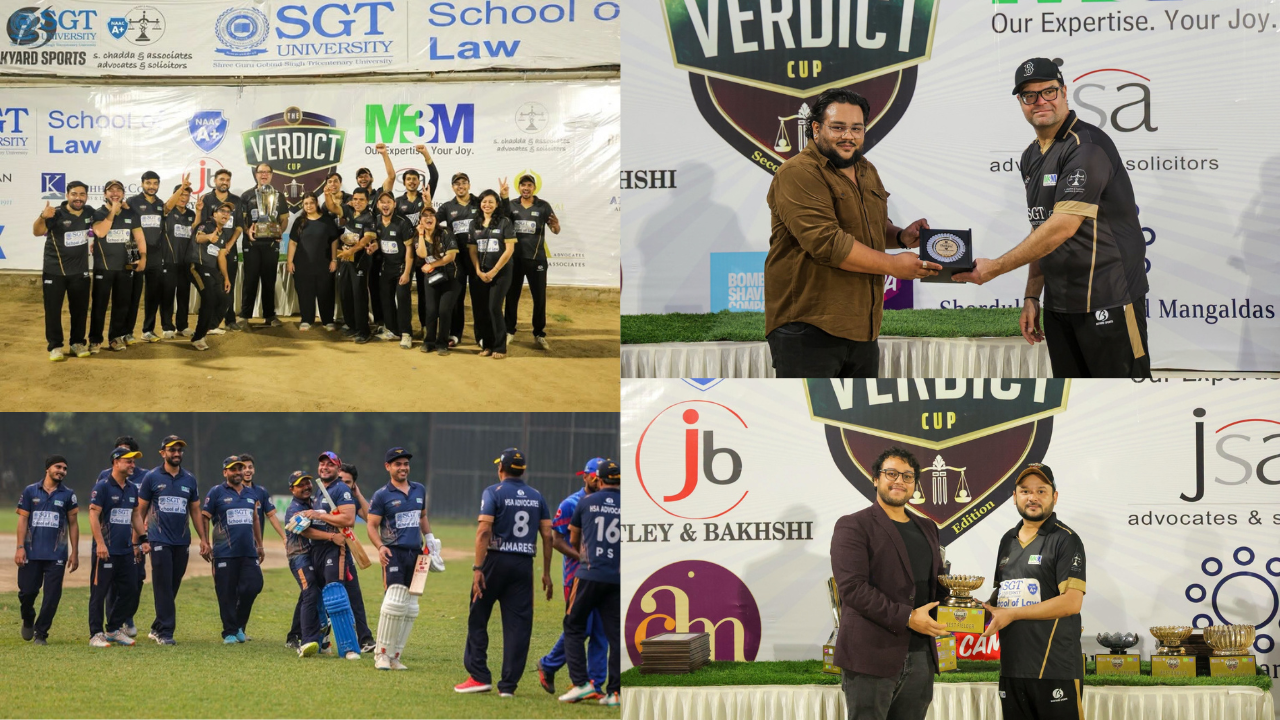 SGT University Sponsors VERDICT CUP Season 2 Final SGT University-sponsored VERDICT CUP Season 2 final featuring legal professionals competing in an energetic cricket match.