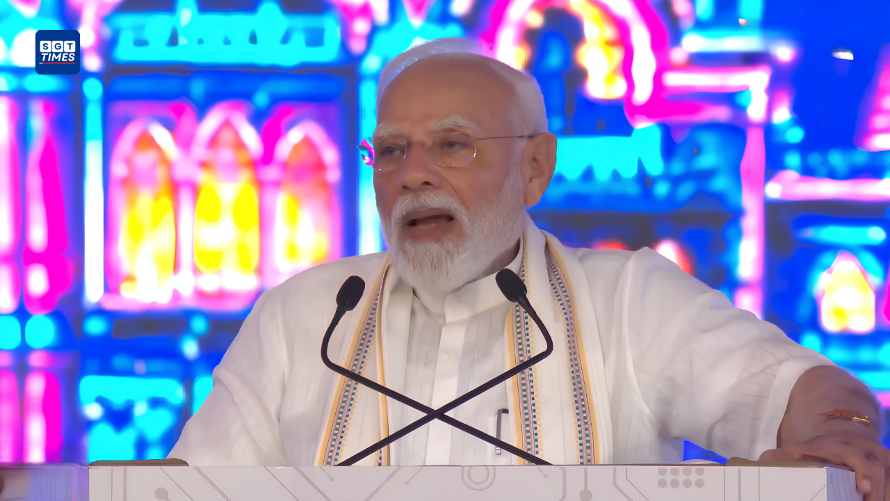 Prime Minister Narendra Modi addresses a large youth gathering during an event in Vadodara, Gujarat.