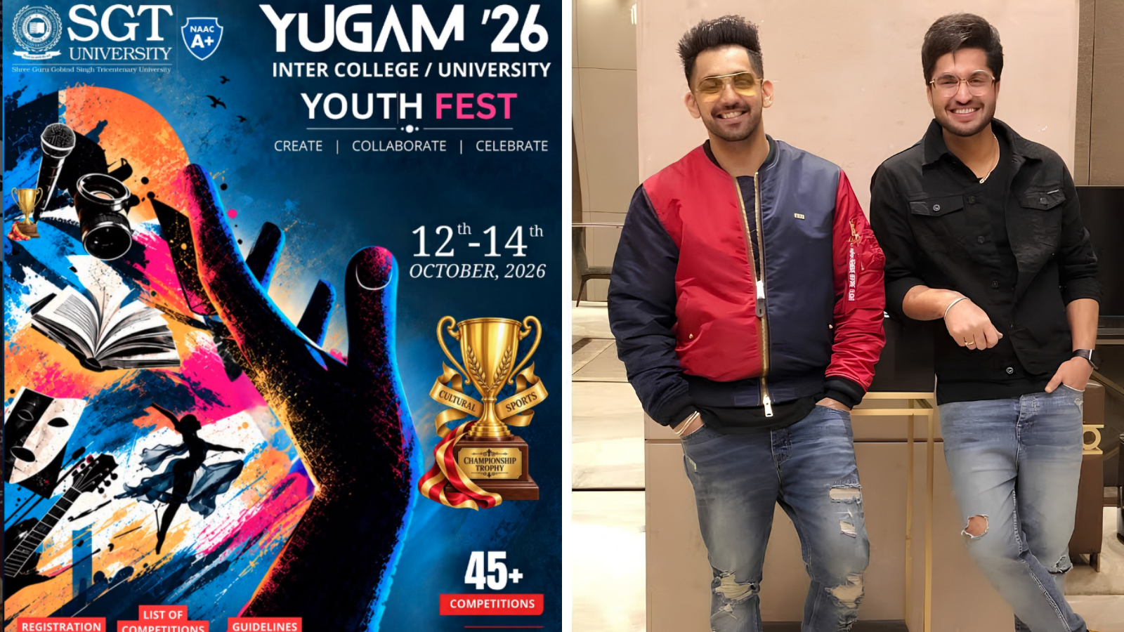 Promotional announcement for YUGAM ’26 at SGT University featuring Punjabi singers Jassie Gill and Babbal Rai.